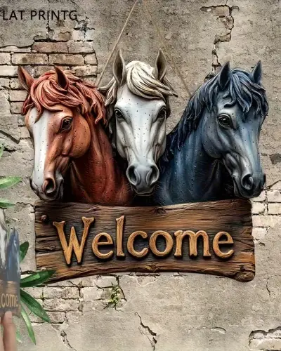 Декоративная табличка «Welcome» с конями (2D 10х10см)