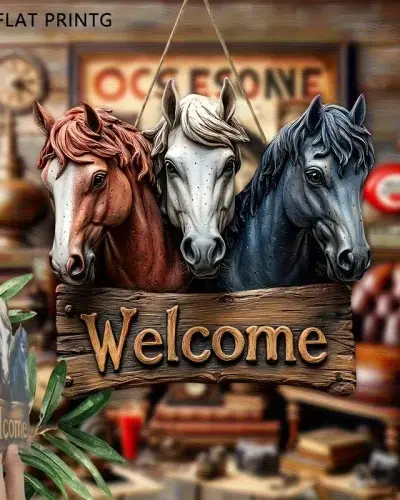 Декоративная табличка «Welcome» с конями (2D 20х20см)