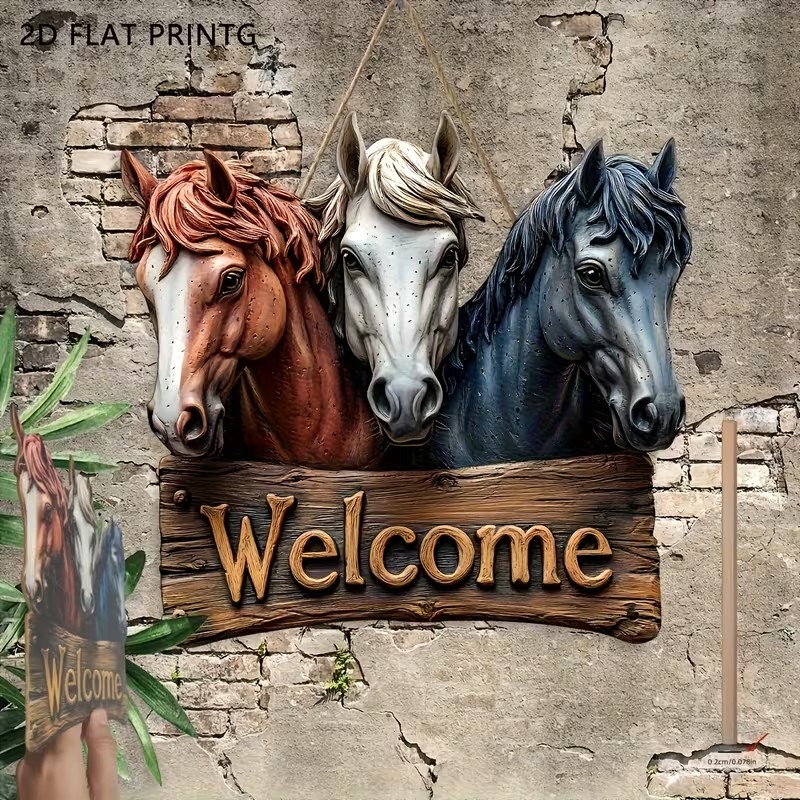 Декоративна табличка «Welcome» з конями (2D 10х10см)
