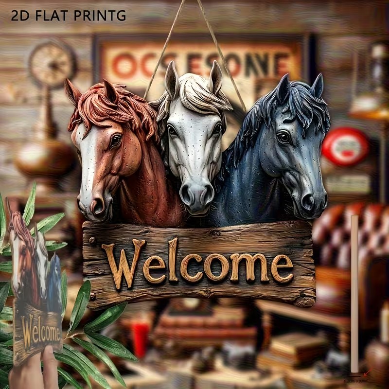 Декоративна табличка «Welcome» з конями (2D 20х20см)